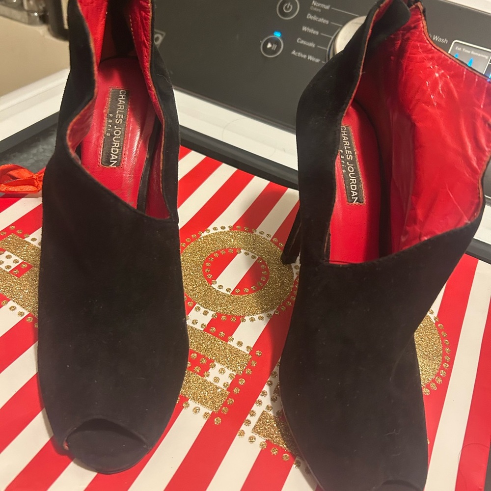 Designer Charles Jourdan Black and Red Heeled Boots Peep Toe